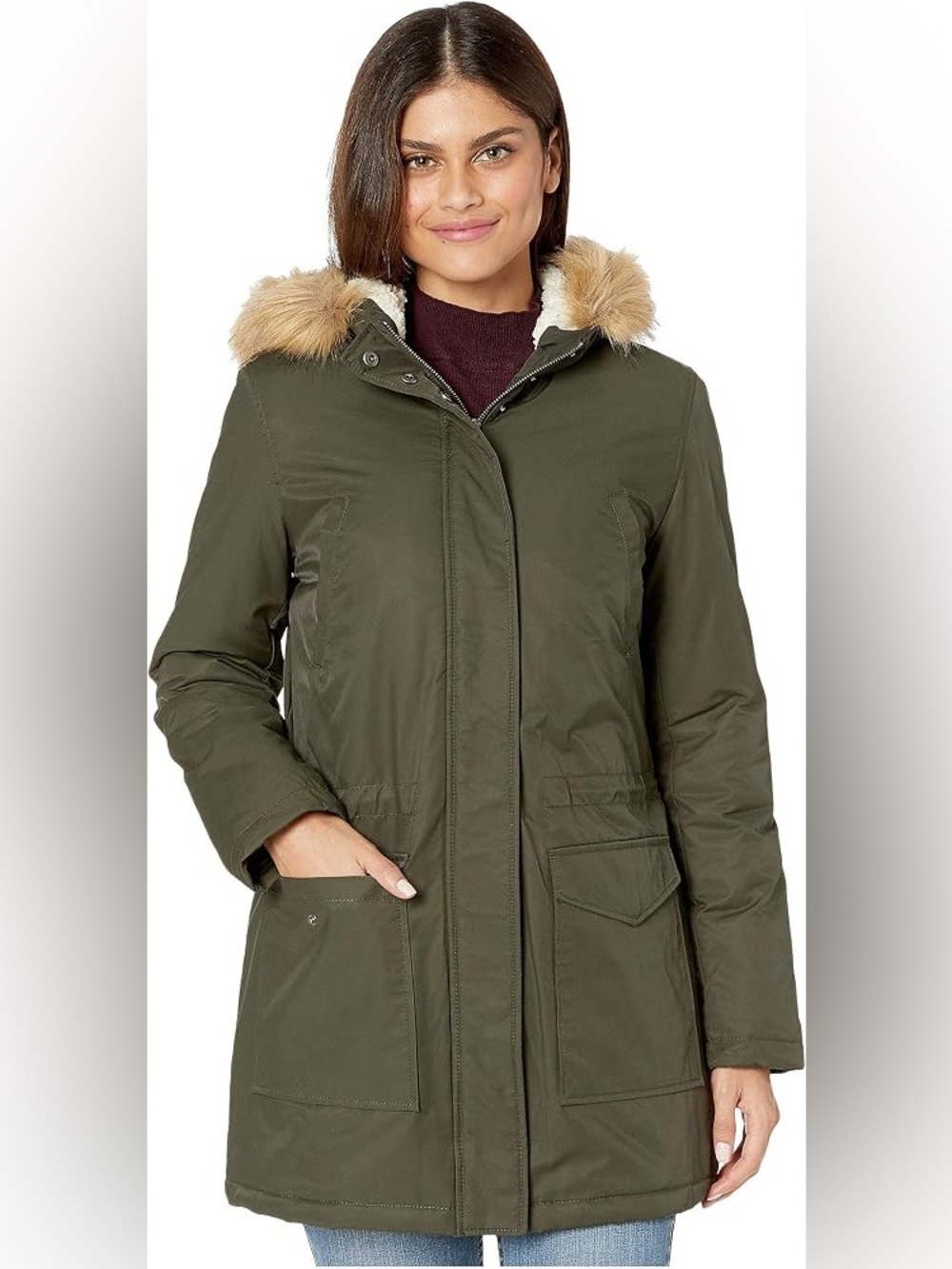 Tommy Hilfiger Women's Sherpa Lined Hood Parka Jacket in army green. Size Small